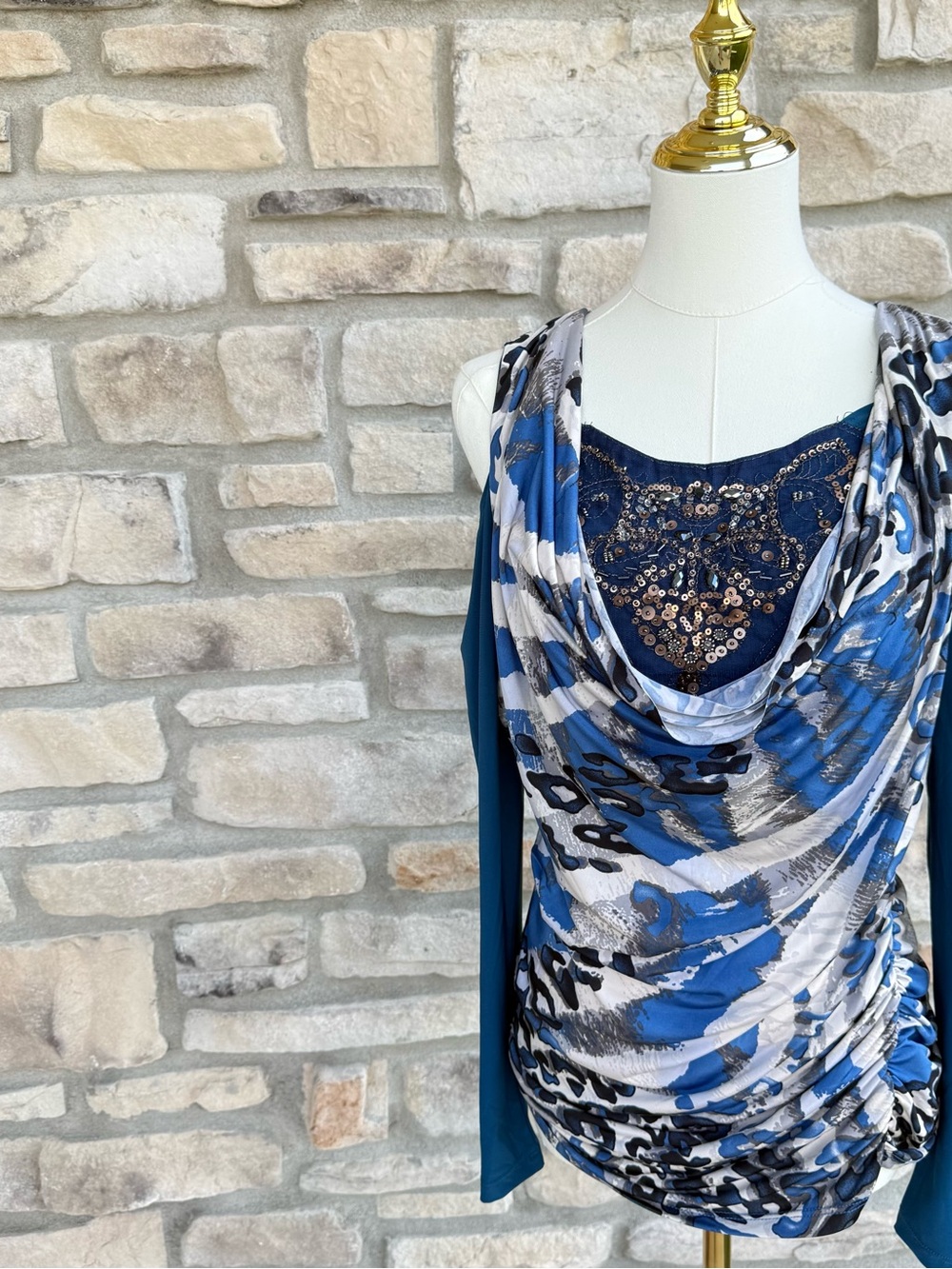 VENUS Blue and White Draped Cowl Neck Blouse
